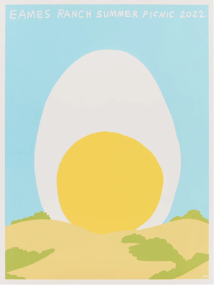 Eames Institute 2022 summer picnic poster design by Nathaniel Russell, featuring a large abstract sliced egg.