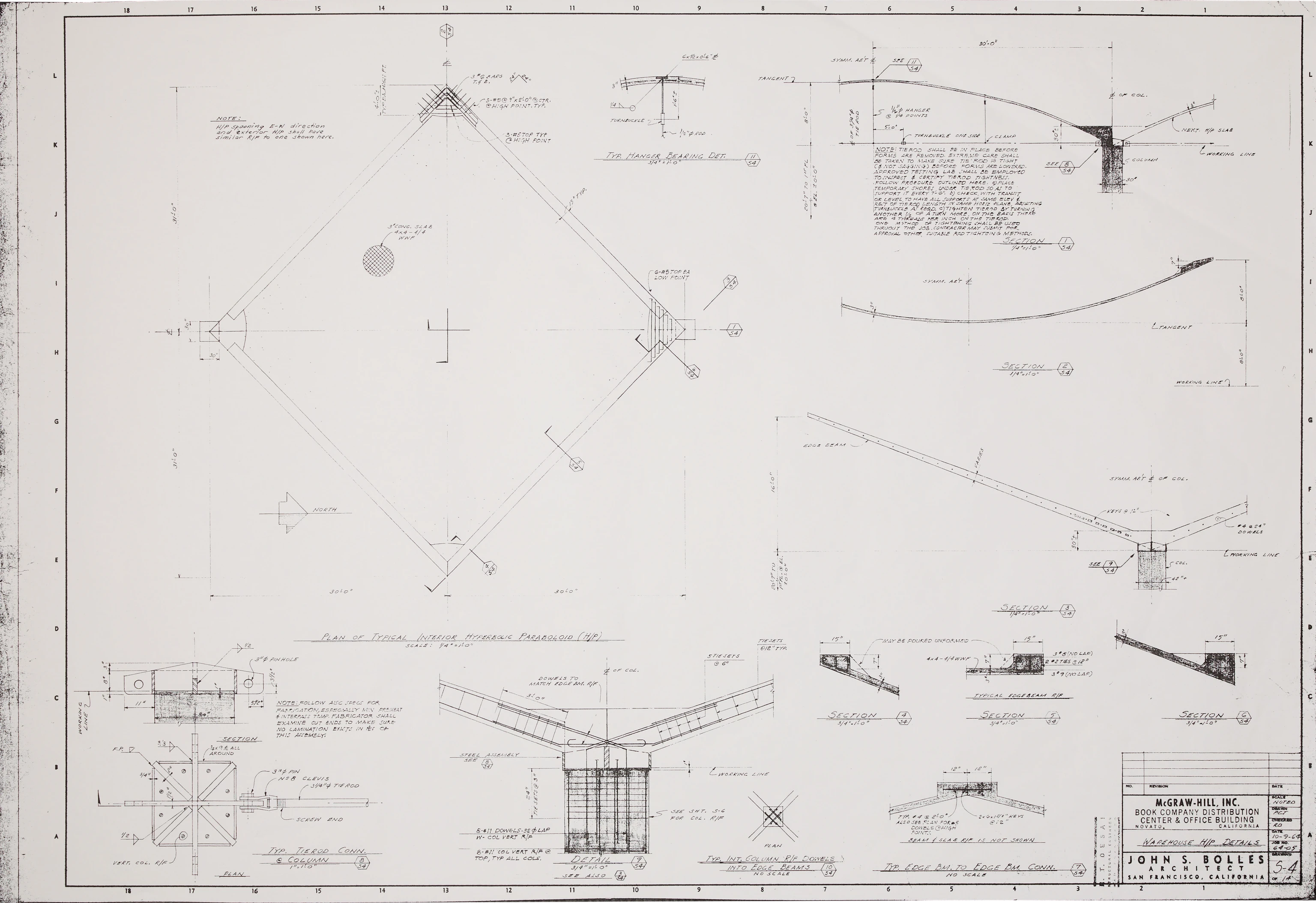Top down view of a detailed architectural drawing of the hyperbolic paraboloid concrete roof by John S. Bolles from 1964.
