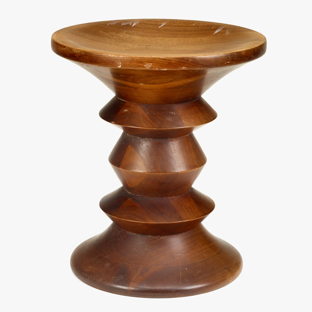 Eames Stool 413 in walnut, designed by Ray and Charles Eames for the Time & Life Building at Rockefeller Center in New York.