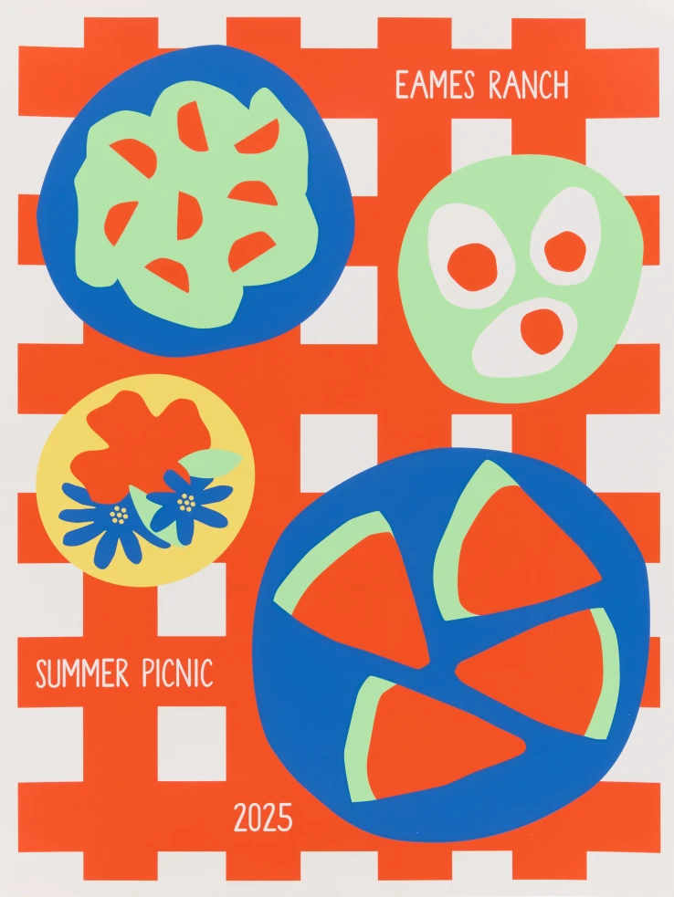 Eames Institute 2025 summer picnic poster design by Chloe Looker, featuring several food plates on a checkerboard table cloth.