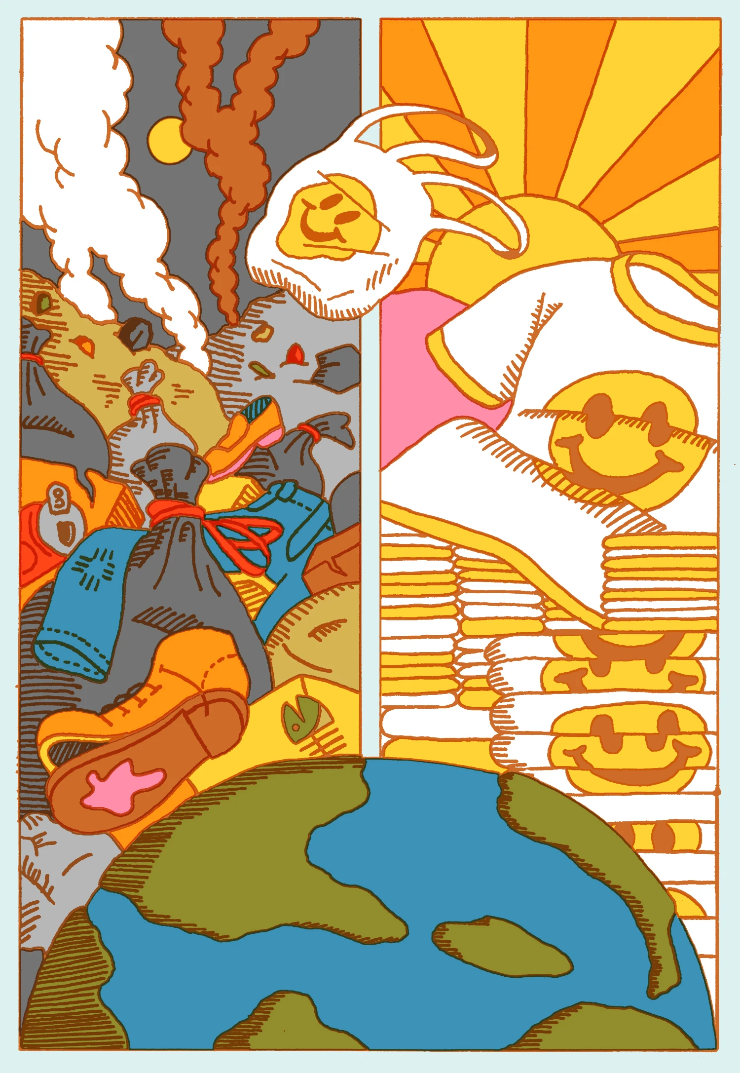 Illustration depicting sustainable design issues such as zero waste, circularity, and the circular economy.