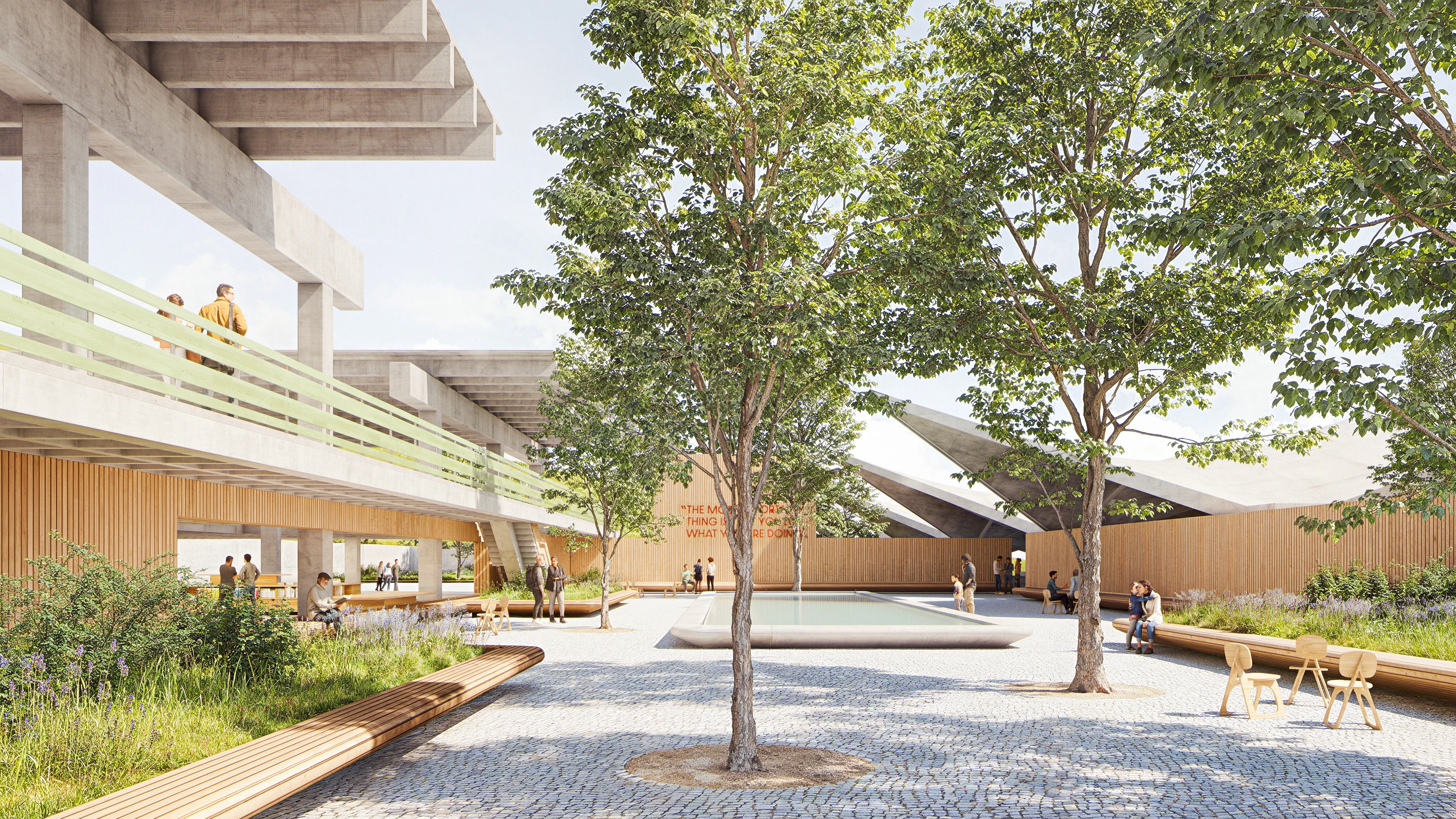 Rendering of the courtyard of the former Birkenstock distribution center reimagined by Herzog & de Meuron for the Eames Institute