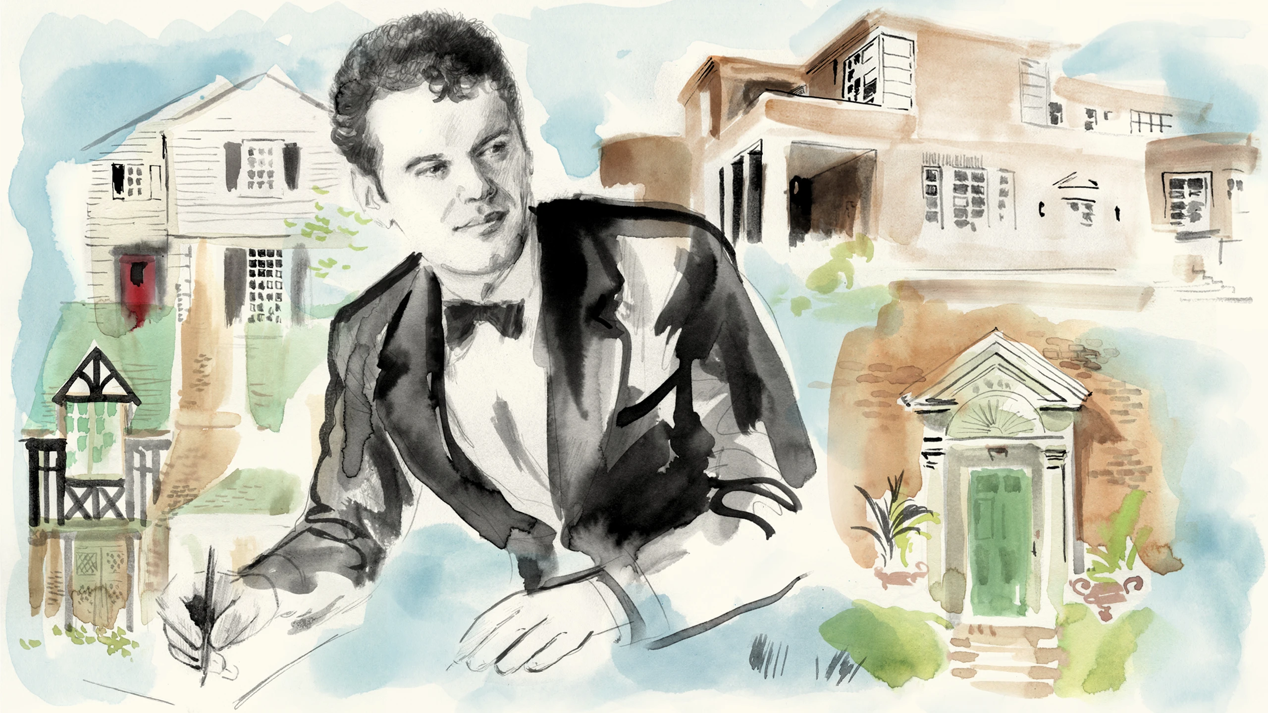 Architectural designs by Charles Eames along with a portrait of the architect