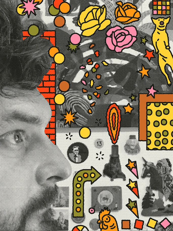 Artist Jim Stoten profile image with several of his iconographic illustrations in the background