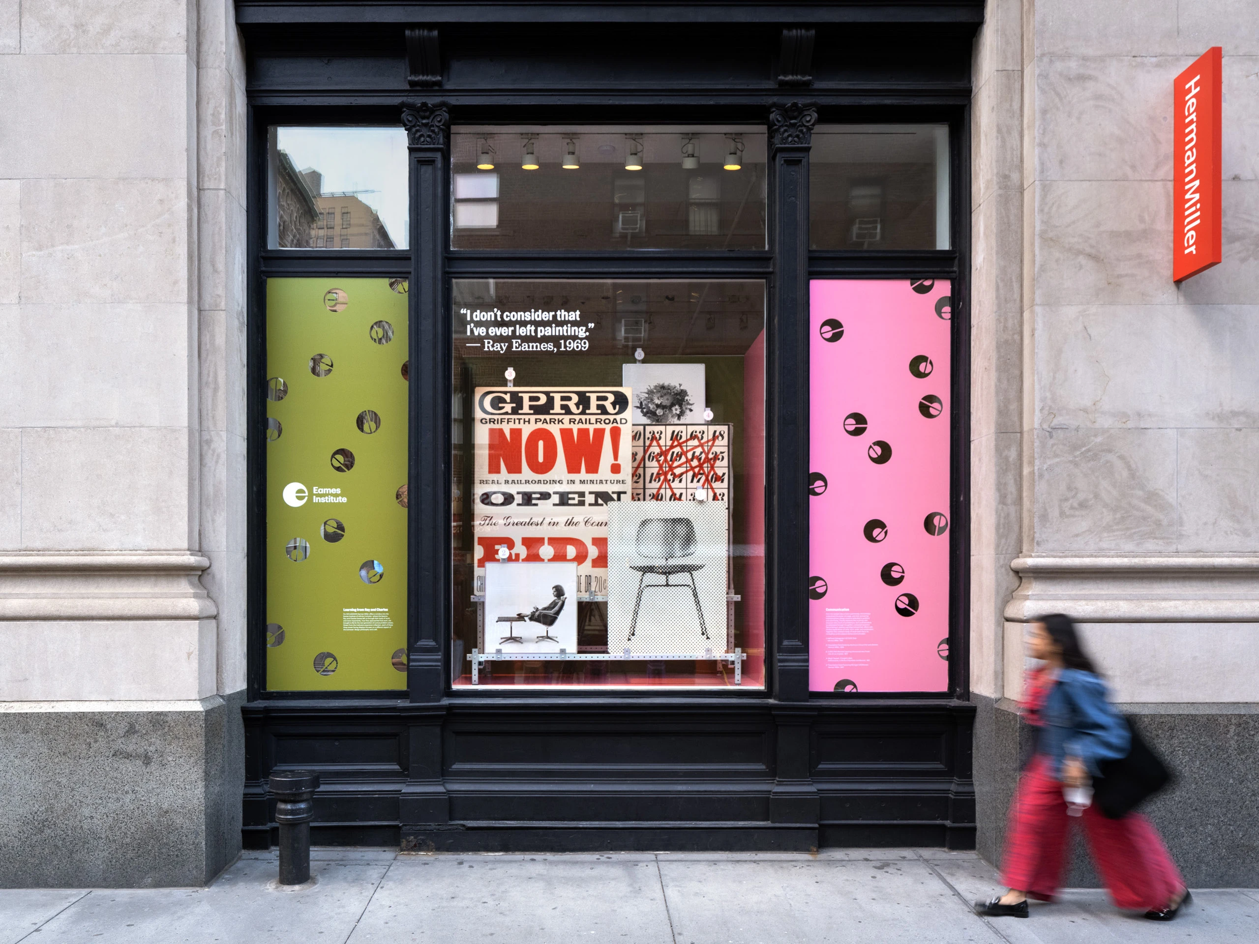 Herman Miller window display featuring Eames designs such as, one-of-a-kind poster for the Griffith Park Railroad in 1957, a hand-painted graphic from Mathematica: A World of Numbers and Beyond, and a 1960 halftone print of Michigan wildflowers.