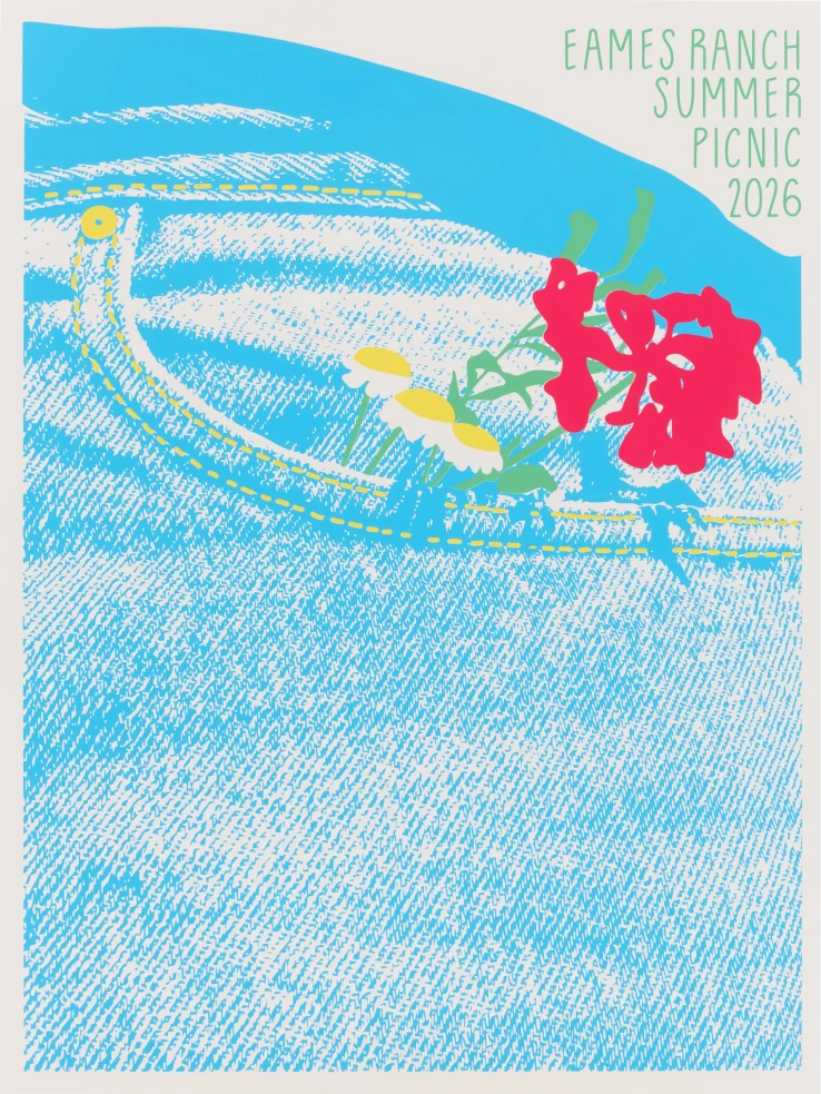 Eames Institute 2026 summer picnic poster design by Chloe Looker, featuring a close up of a pair of jeans with flowers in a pocket.