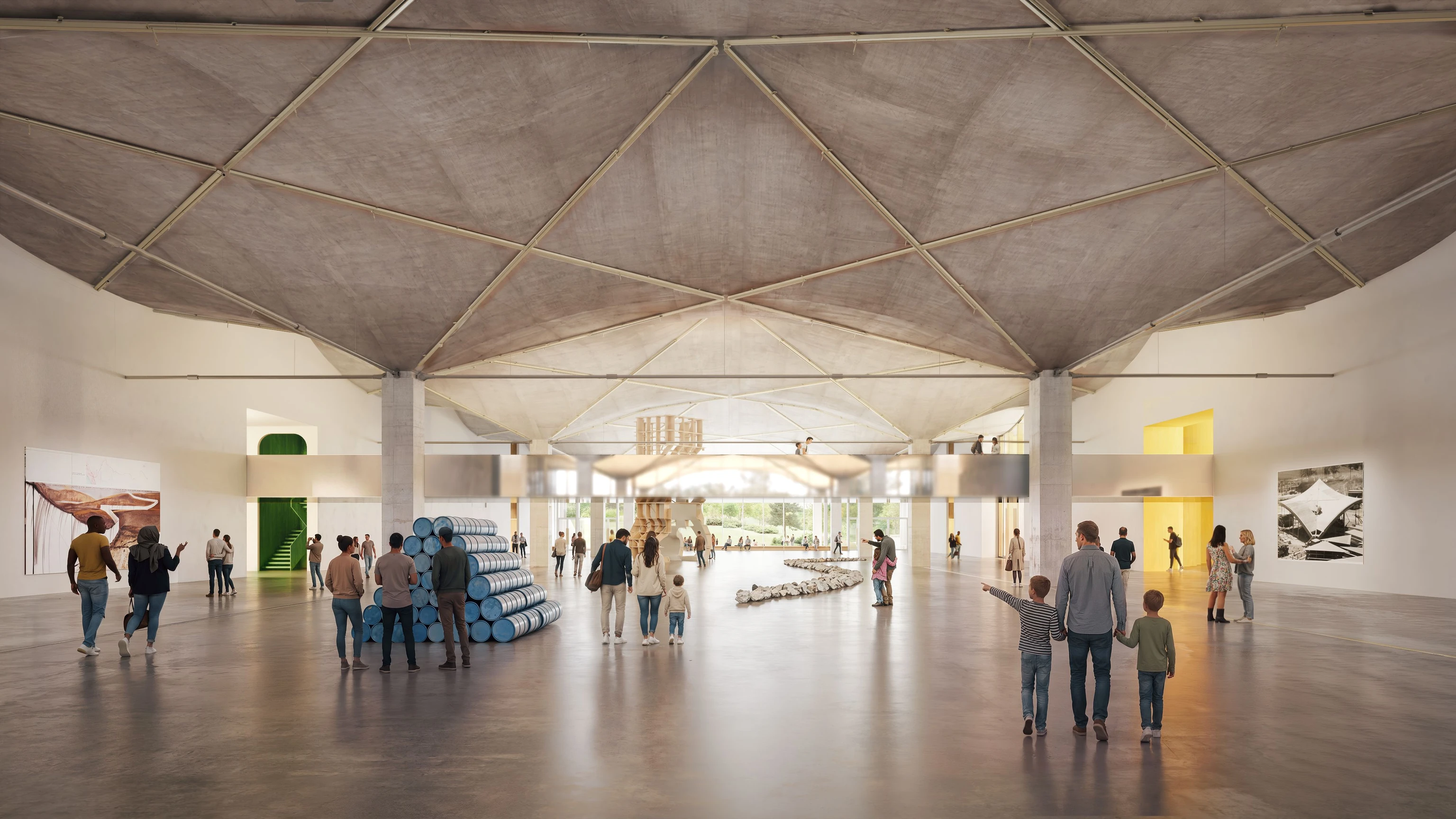Front view design rendering by Herzog & de Meuron of the future Eames Institute Museum Great Hall.