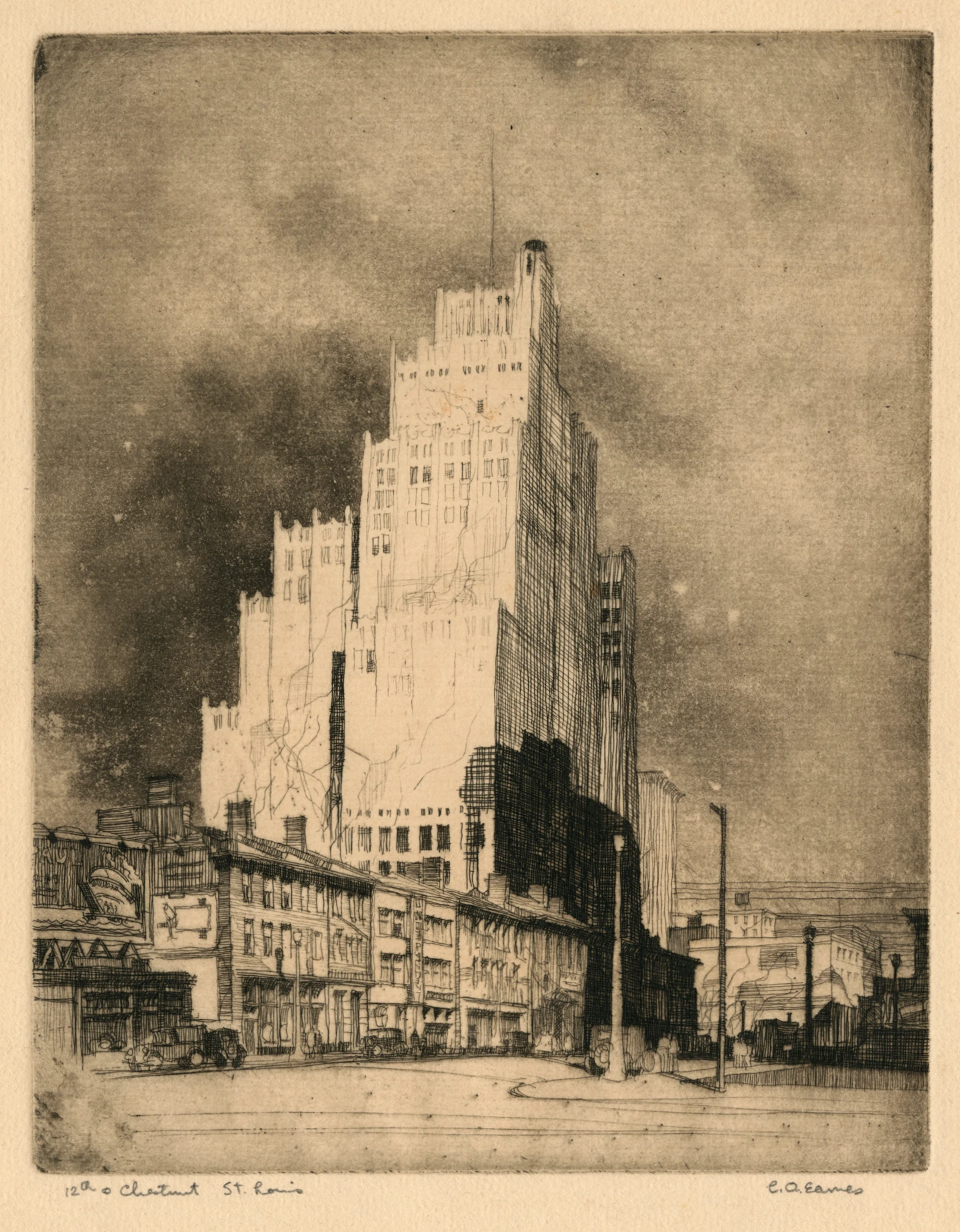 Charles Eames built a press to print his own lithographs and etchings, such as this one, entitled 12th and Chestnut.