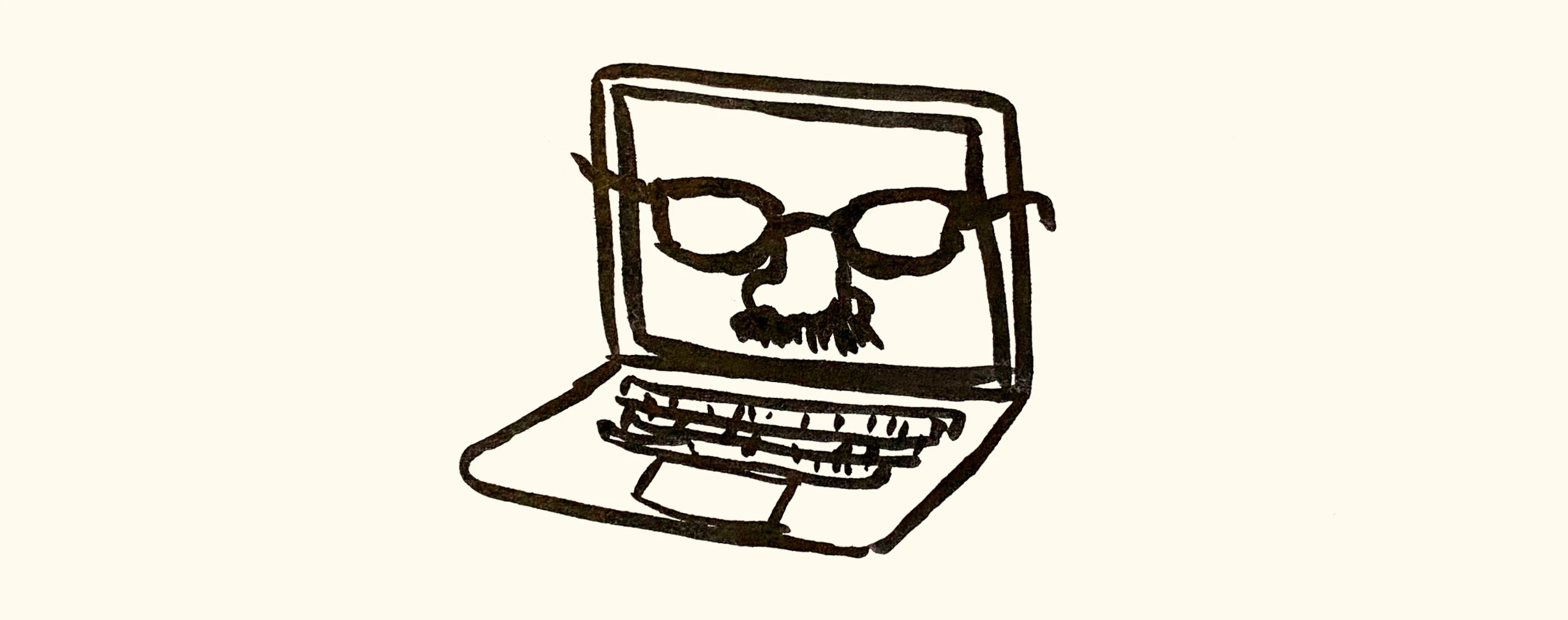 Illustration by designer Kelli Anderson of an open laptop wearing Groucho Marx glasses disguise on the screen.