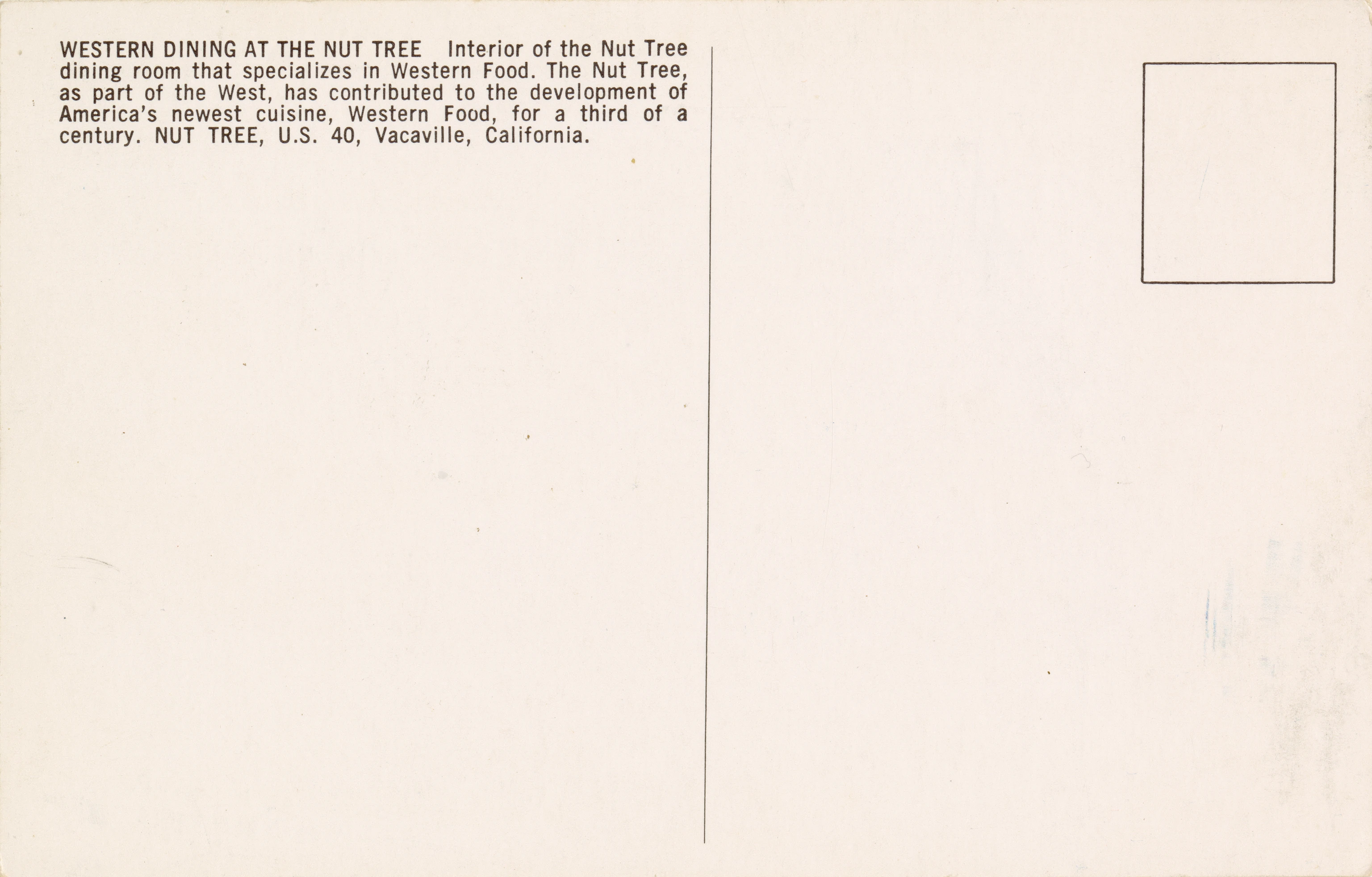 Postcard with an additional view of The Nut Tree dining room filled with Eames chairs, and Alexander Girard draped textiles,