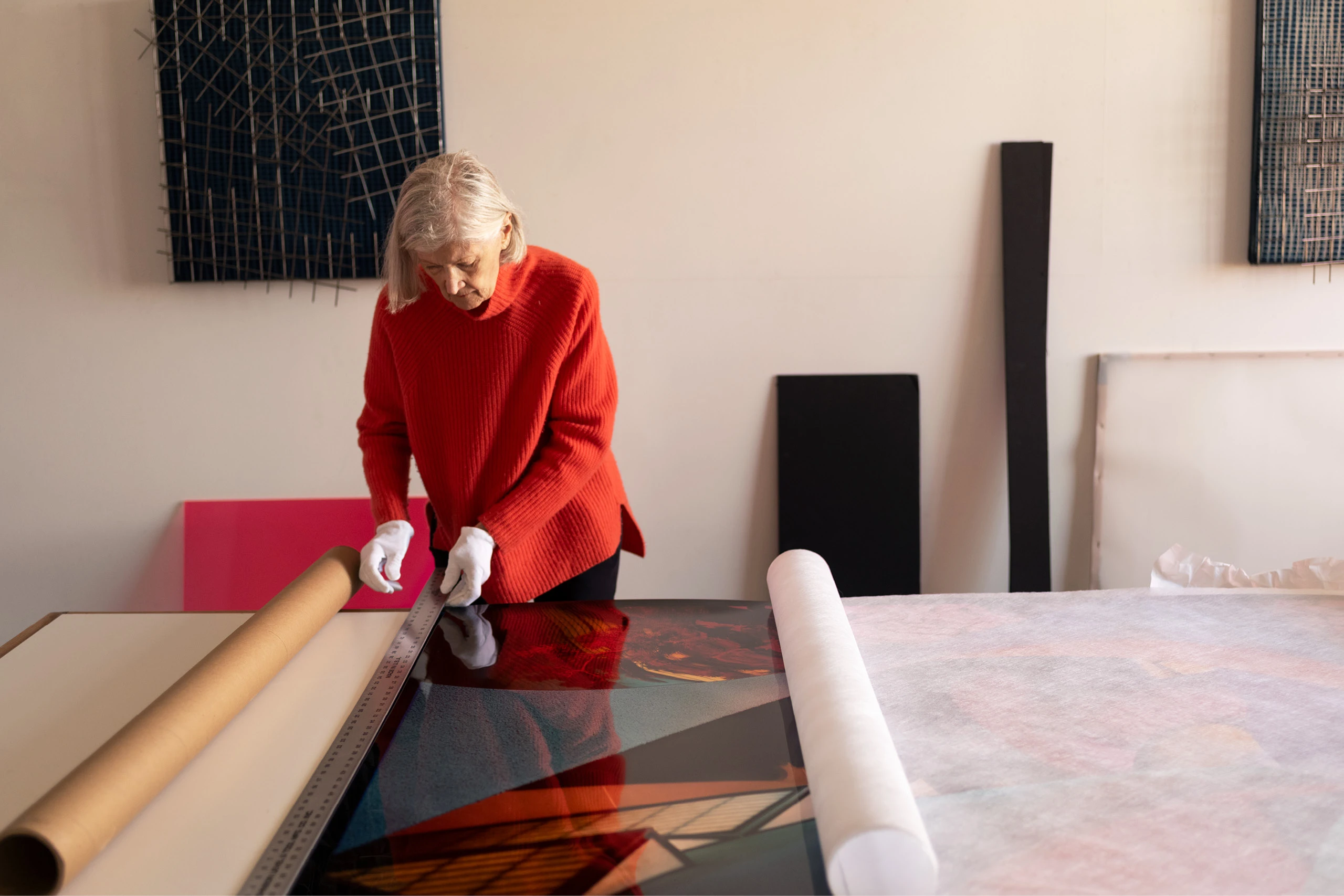 Chicago artist Barbara Kasten in her studio at work on a large scale piece.