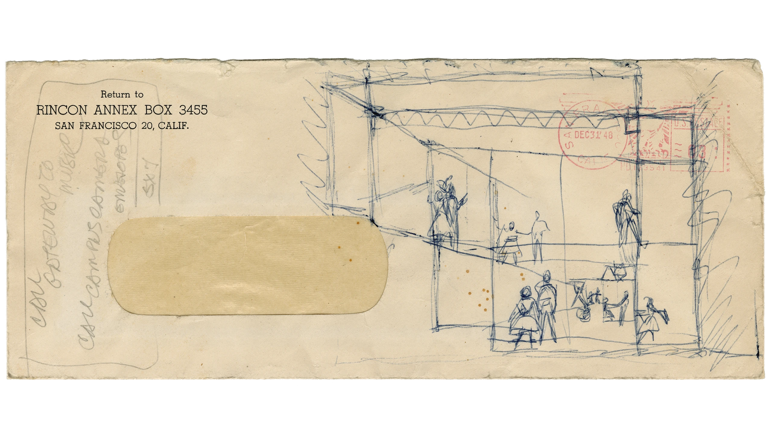 Envelope with a sketch of Case Study House 8 includes a photo collage of Ray and Charles.
