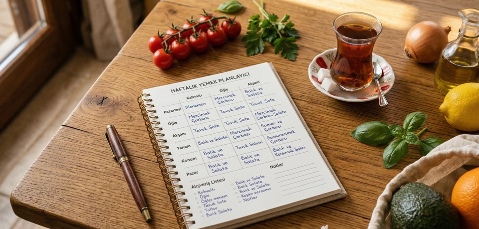 Ahşap mutfak masasında haftalık yemek planlama defteri, yanında çay bardağı ve market malzemeleri