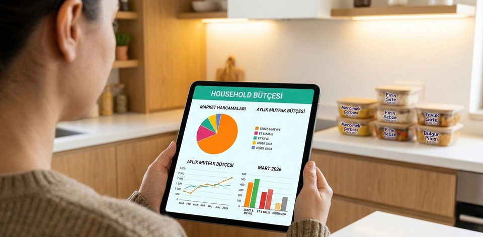 Tablette renkli market harcama grafikleri gösteren bütçe takip ekranına bakan kişi — mutfak arka planı