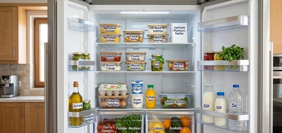 Etiketli cam kaplar ve düzenli çekmecelerle organize edilmiş buzdolabı içi görünümü