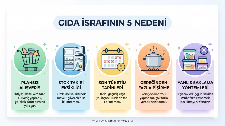 Gıda israfının beş temel nedeni: plansız alışveriş, stok takipsizliği, son kullanma tarihleri, aşırı pişirme ve yanlış depolama infografiği