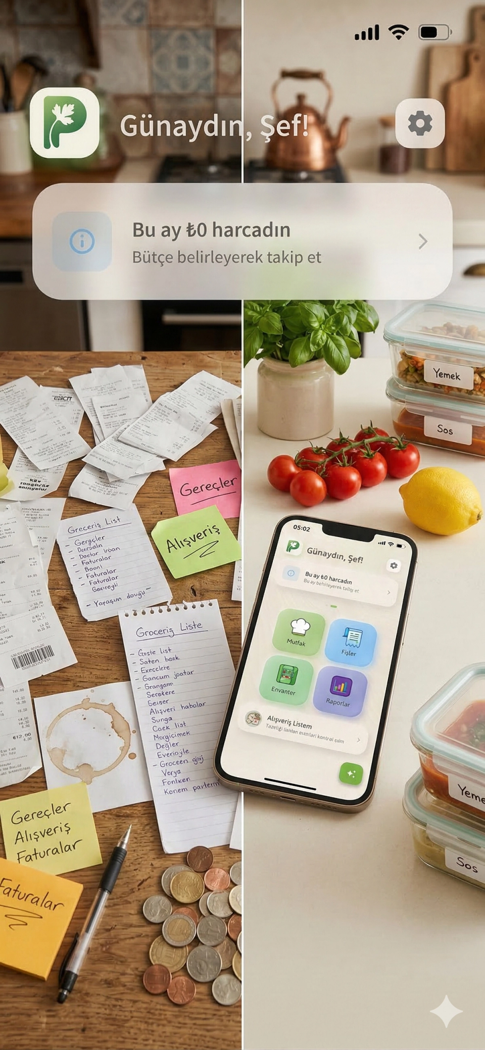 İki mutfak karşılaştırması: sol tarafta dağınık fişler ve yapışkan notlar, sağ tarafta düzenli mutfak ve akıllı telefon uygulaması