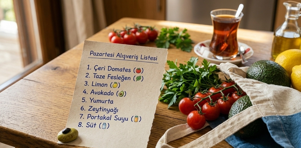 Geri dönüştürülmüş kağıt üzerinde el yazısı Türkçe alışveriş listesi, yanında bez çanta ve taze ürünler