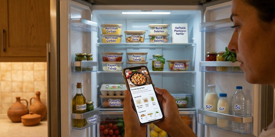 Açık buzdolabı önünde telefonda tarif önerilerine bakan kişi — stok merkezli mutfak yaklaşımı