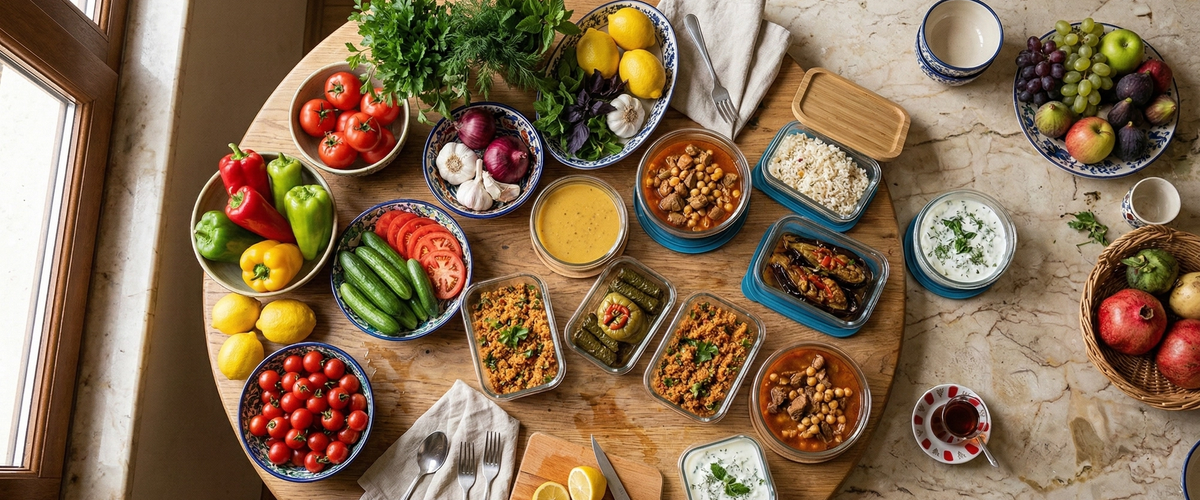 Mermer tezgah üzerinde cam kaplarda saklanan taze sebzeler ve yemek artıkları — gıda israfını önleme rehberi kapak görseli