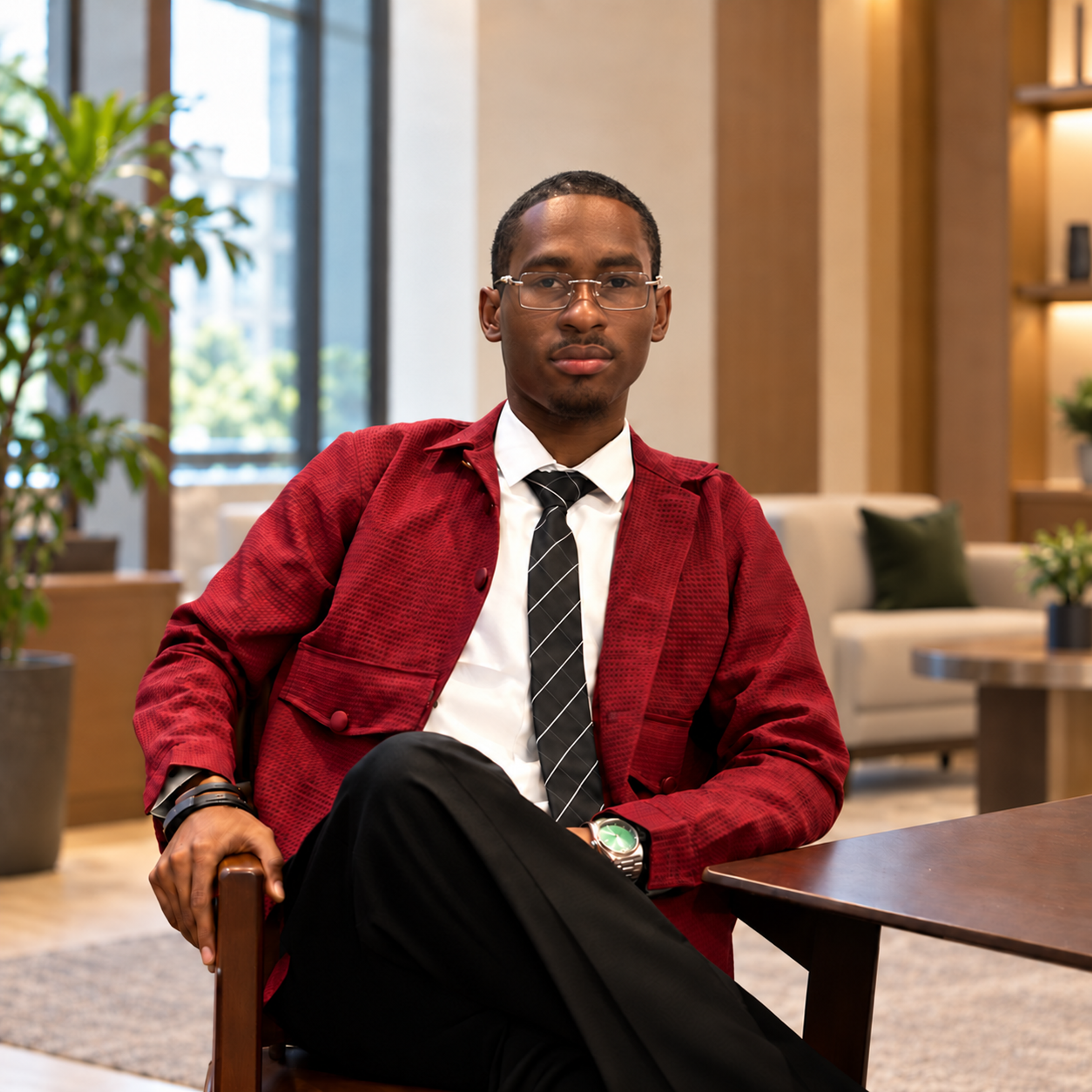 Abdulrahman Itseghosime Bello seated in a red jacket and black tie.