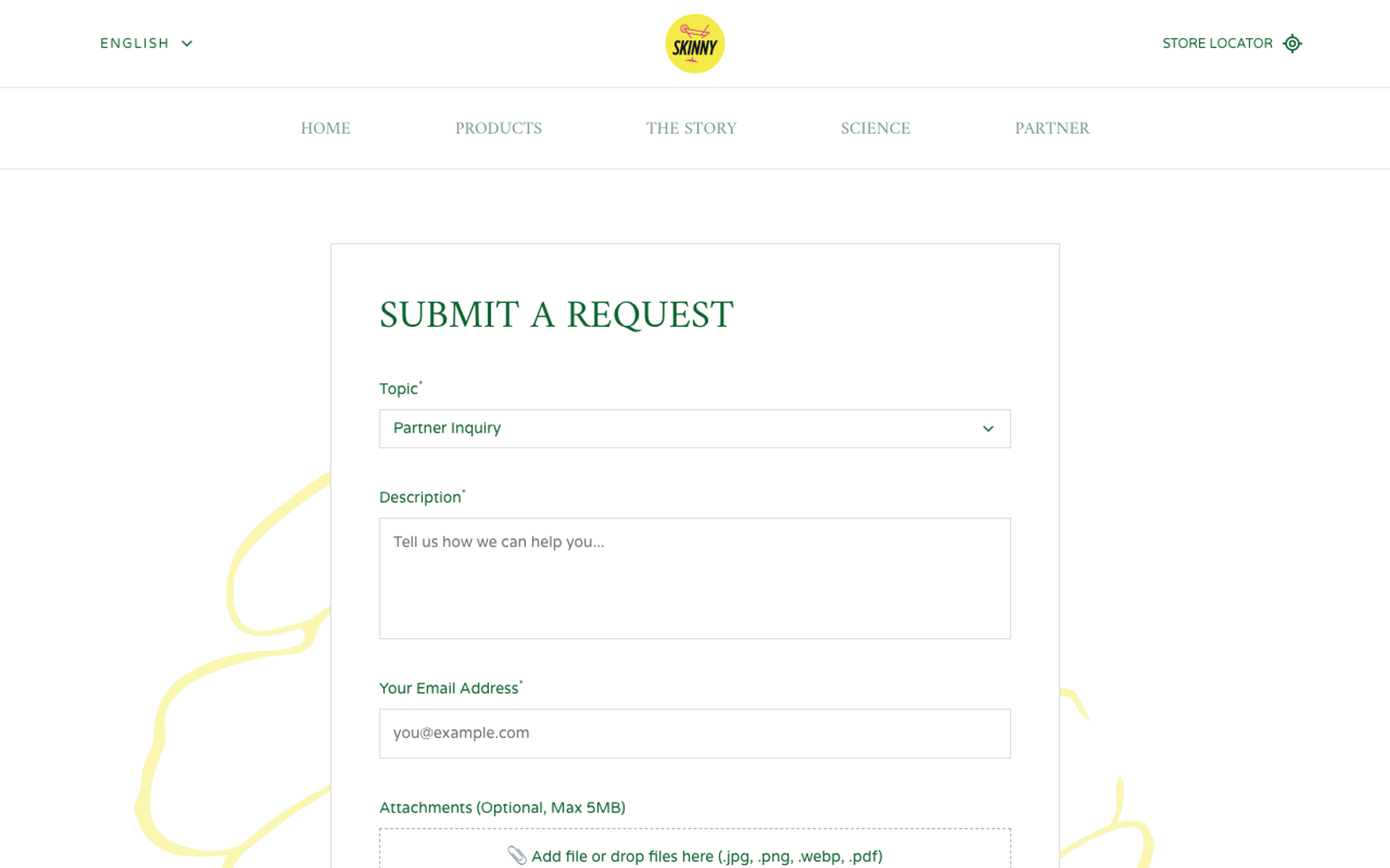 Skinny Cans partner inquiry form displayed on a desktop browser.