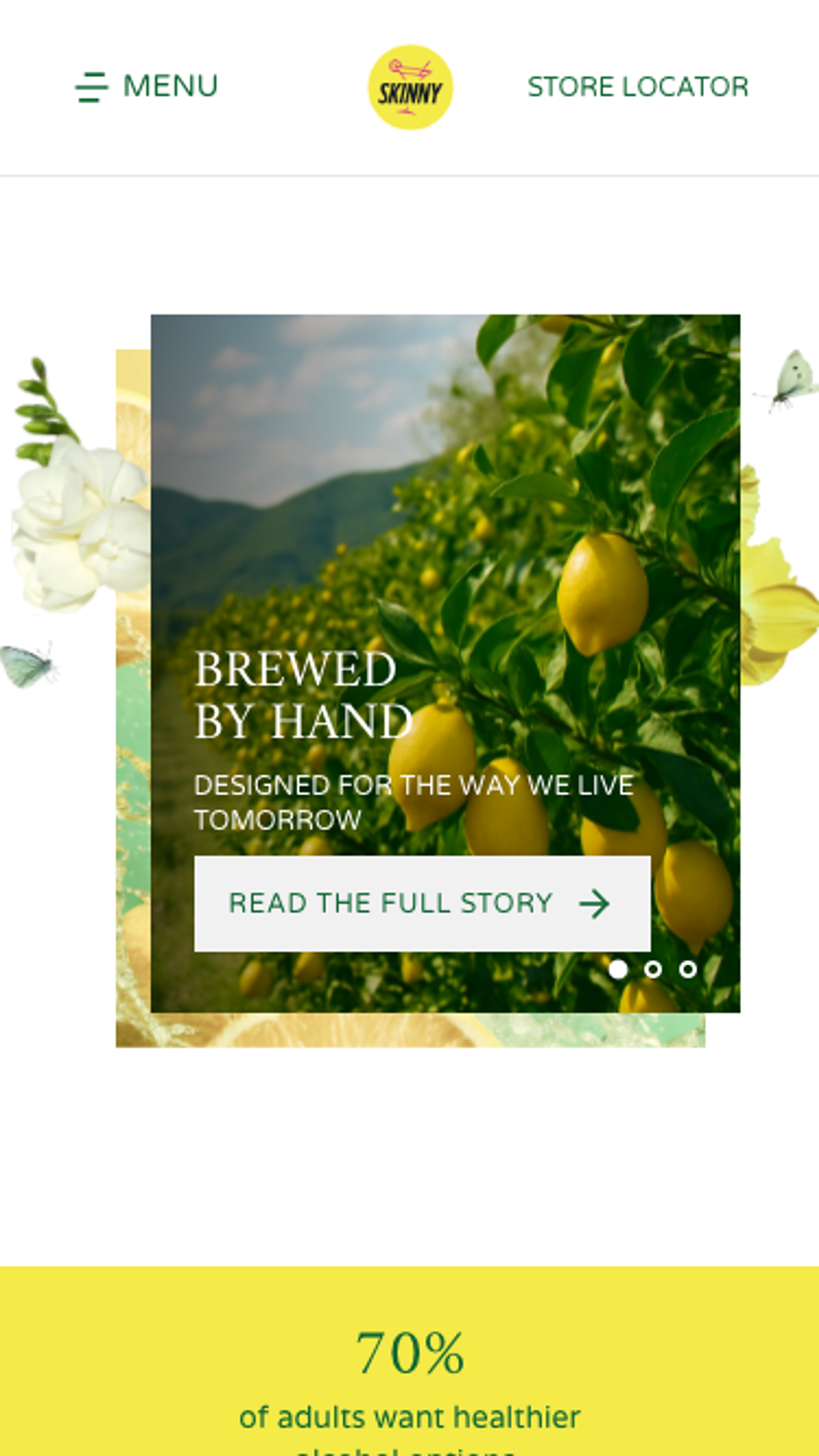 Mobile version of the Skinny Cans homepage showing the responsive hero composition.