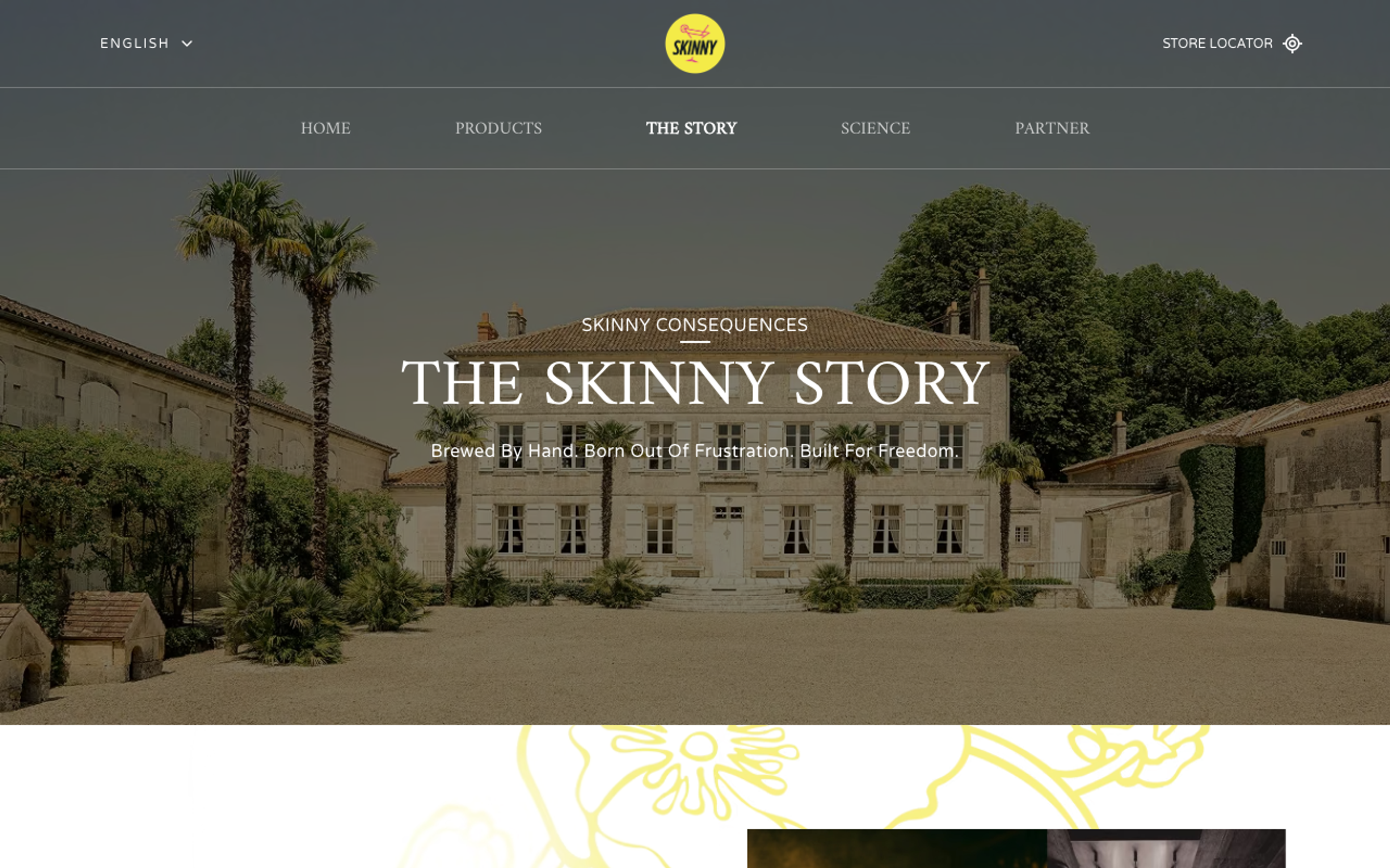 Desktop Skinny Cans story page with editorial imagery and brand information.