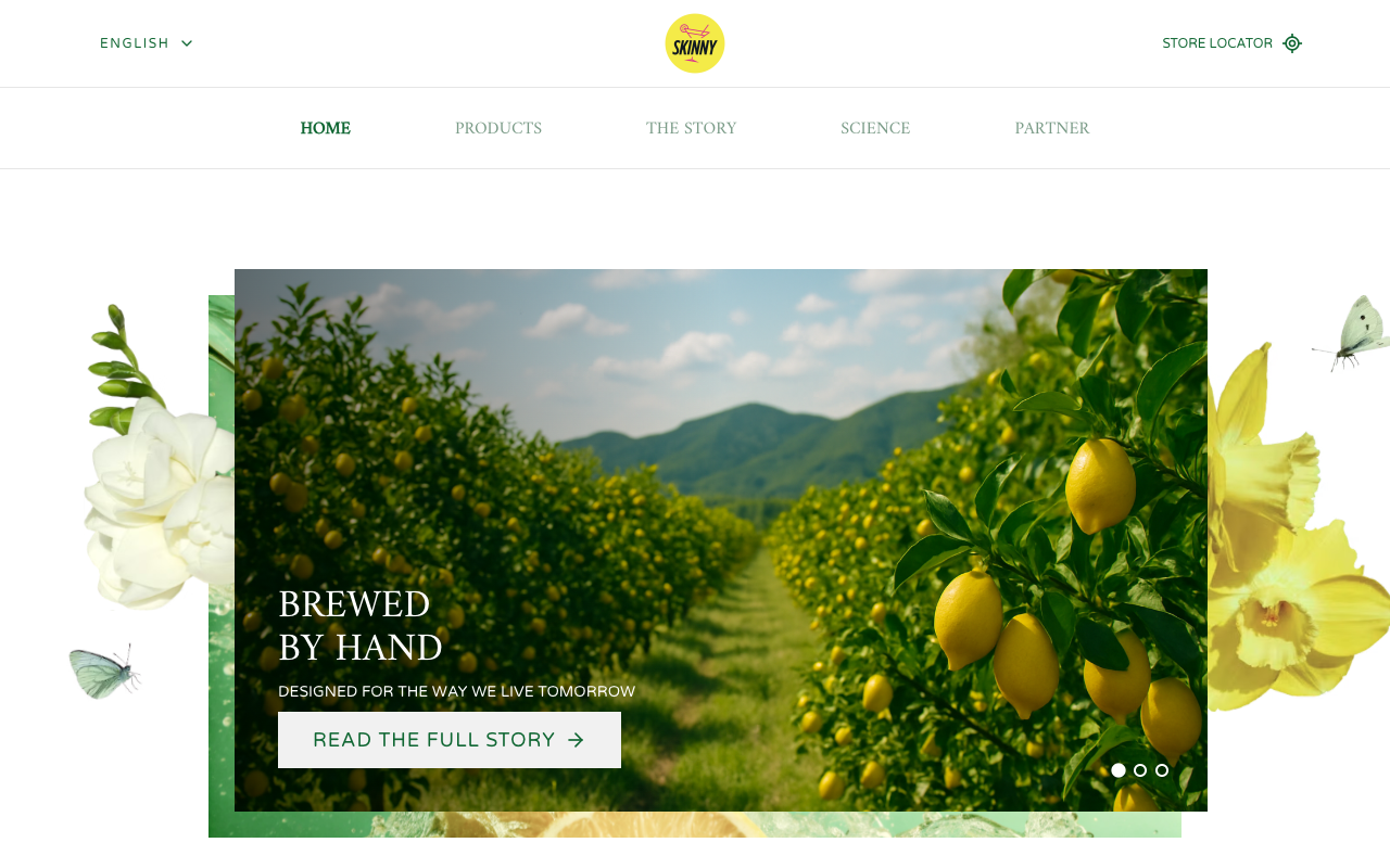 Desktop homepage of the Skinny Cans website showing the navigation and lemon-orchard hero carousel.