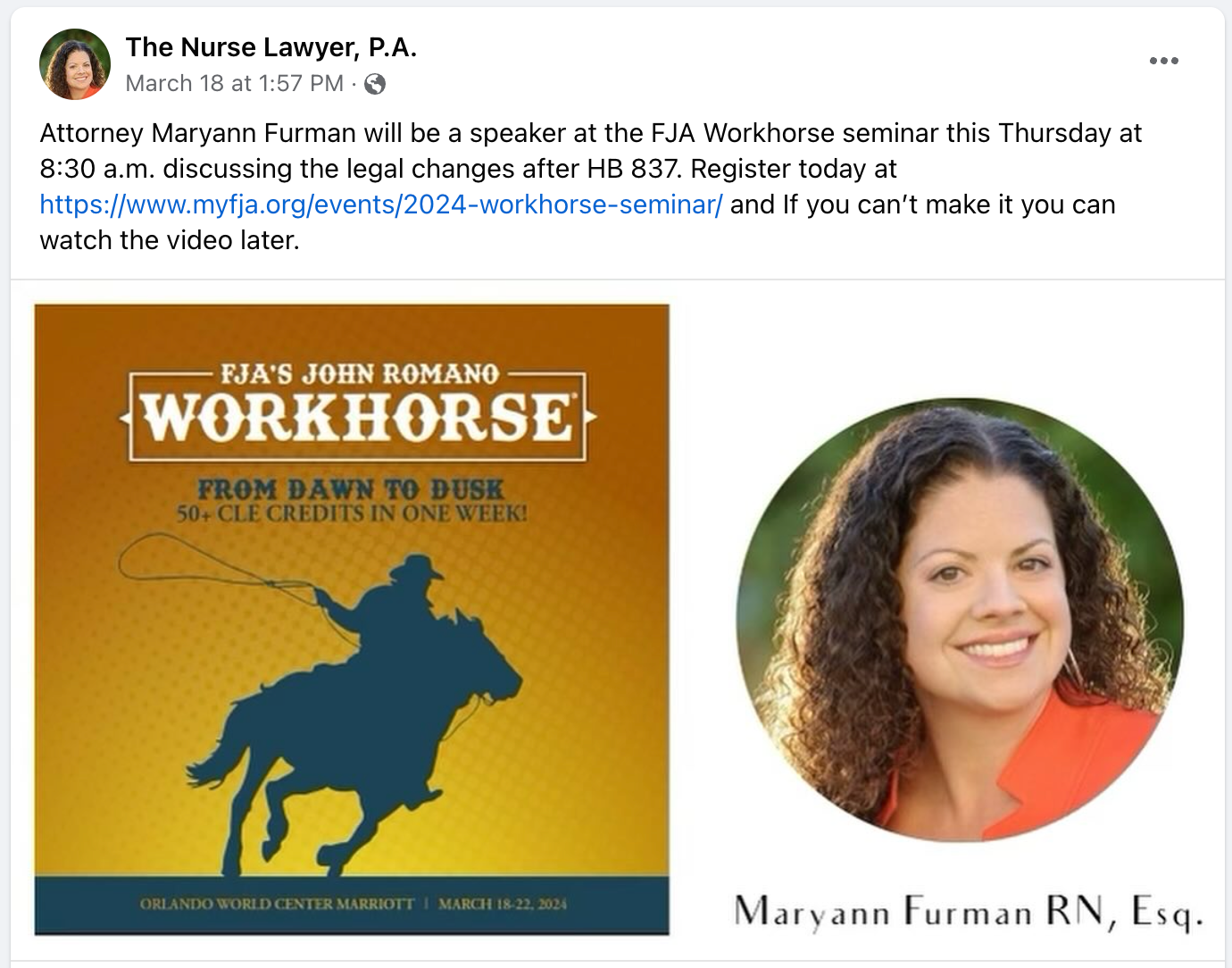 Image Attorney Maryann Furman - Speaker at the FJA Workhorse Seminar