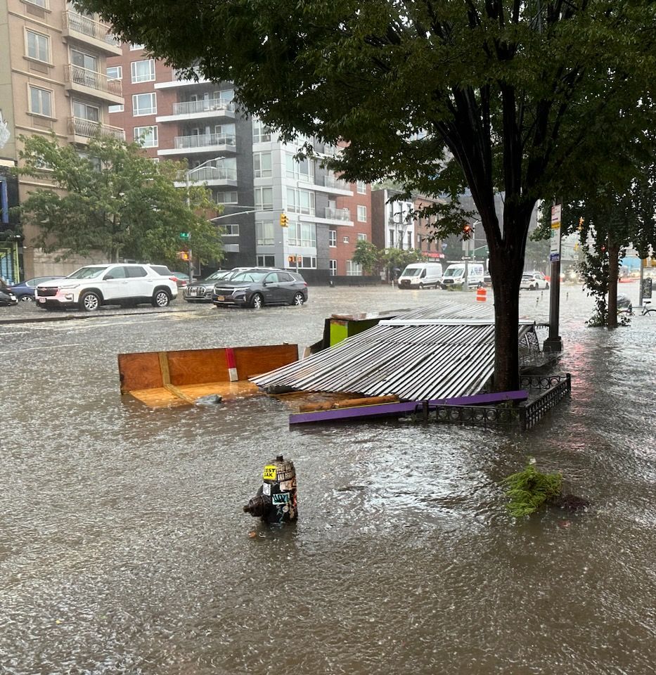 4th Avenue in Gowanus flooded during heavy rainfall, with sidewalk submerged and debris in the street.