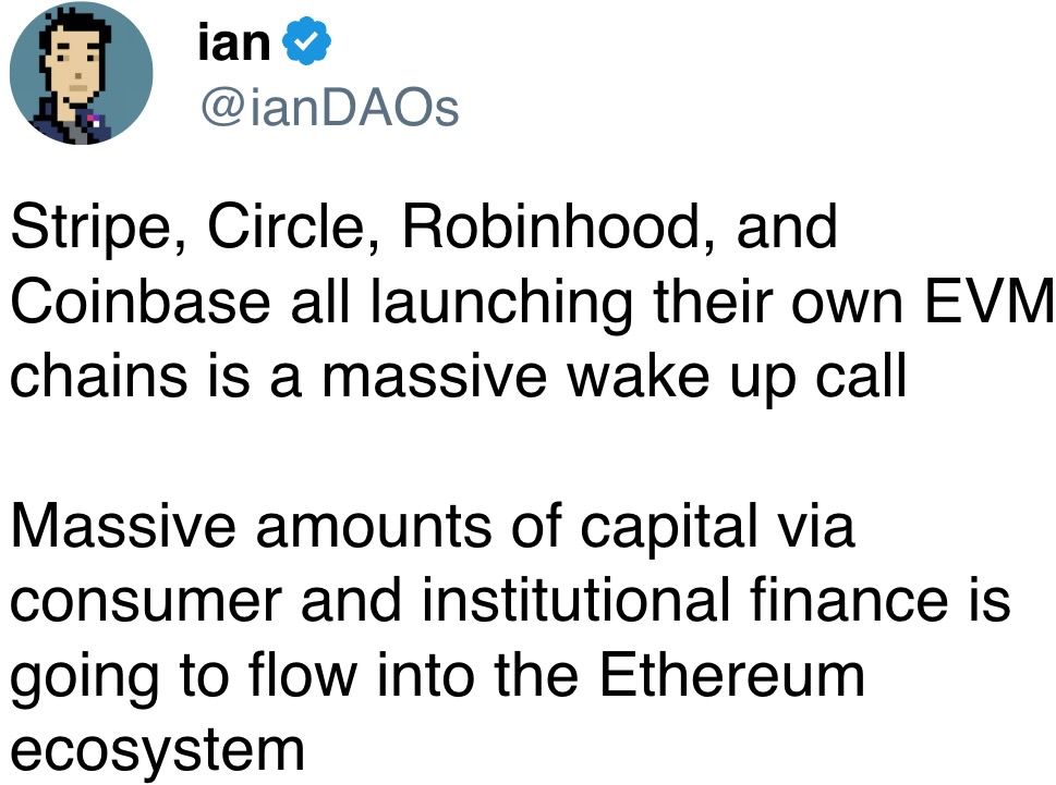 Stripe, Circle, Robinhood, and Coinbase all launching their own EVM chains is a massive wake up call