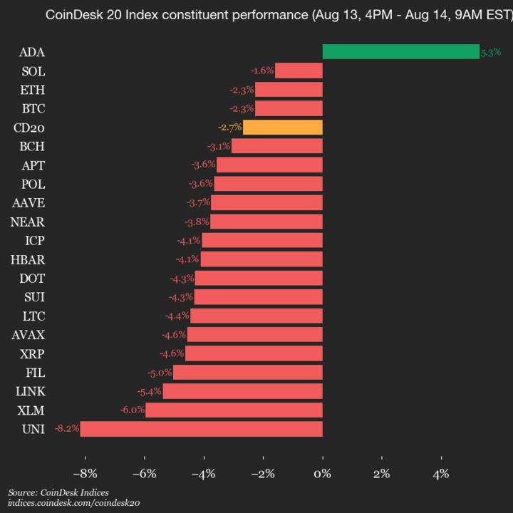 CoinDesk 20 Performance Update: Uniswap Drops 8.2%, as Nearly All Assets Decline