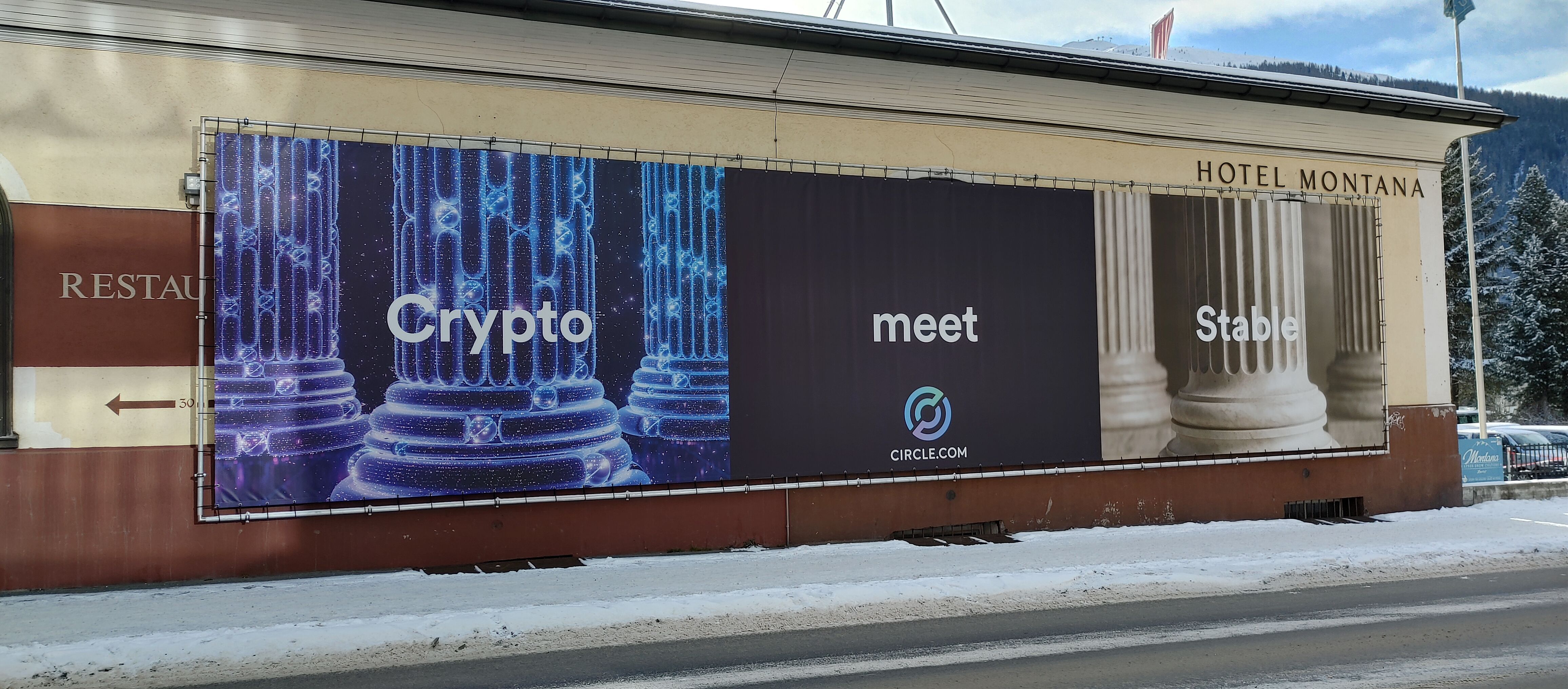 As it did in 2022, Circle put up massive banner ads near the Davos Dorf train station for the World Economic Forum's 2023 conference. (Nikhilesh De/CoinDesk)