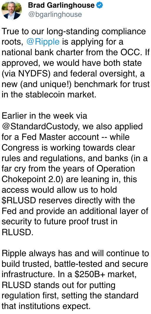Ripple is applying for a national bank charter from the OCC. Ripple is applying for a national bank charter from the OCC.