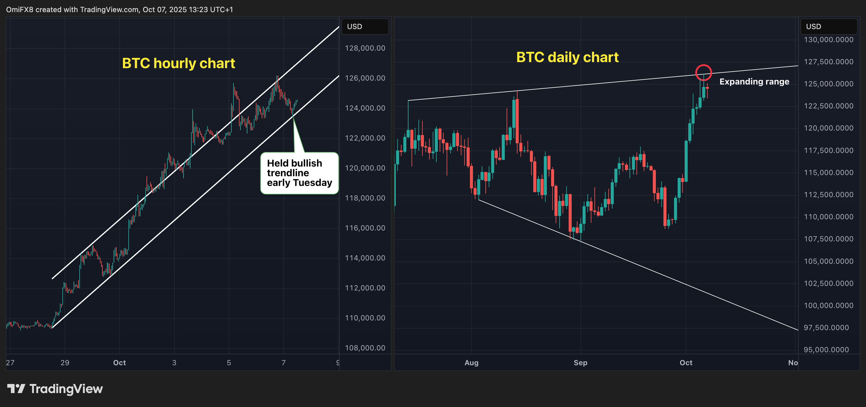 BTC's hourly and regular charts. (CoinDesk/TradingView) BTC's terms charts successful candlestick format. (CoinDesk/TradingView)