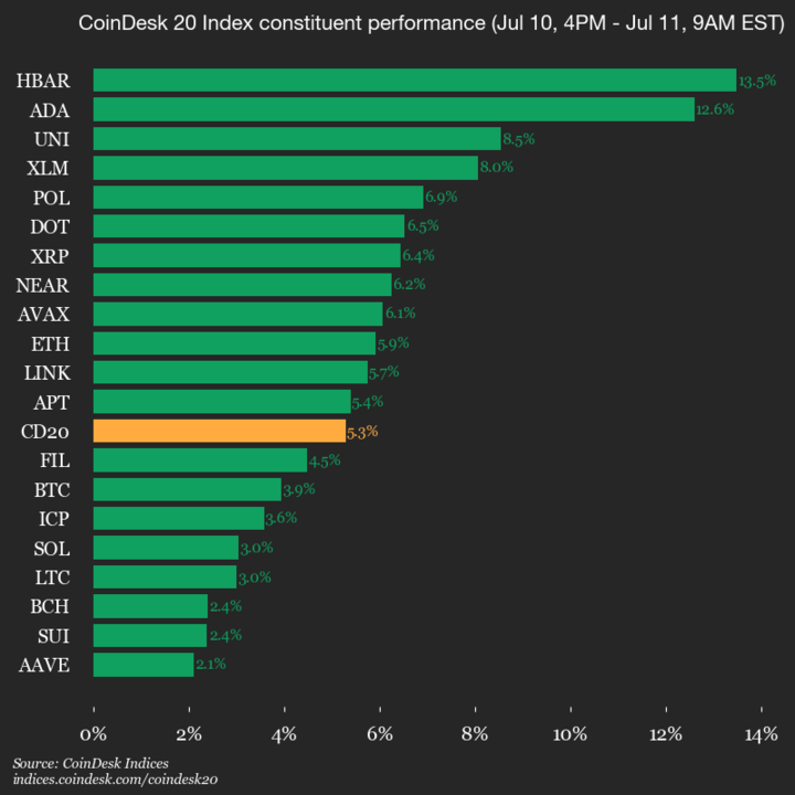 9am CoinDesk 20 Update for 2025-07-11: vertical