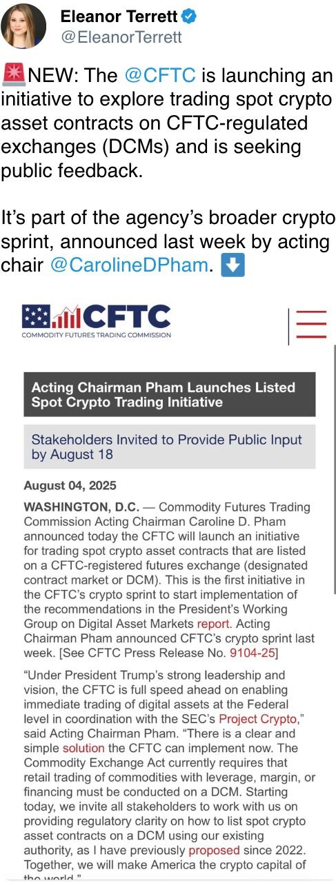 CFTC  is launching an initiative to explore trading spot crypto asset contracts on CFTC-regulated exchanges (DCMs) and is seeking public feedback.