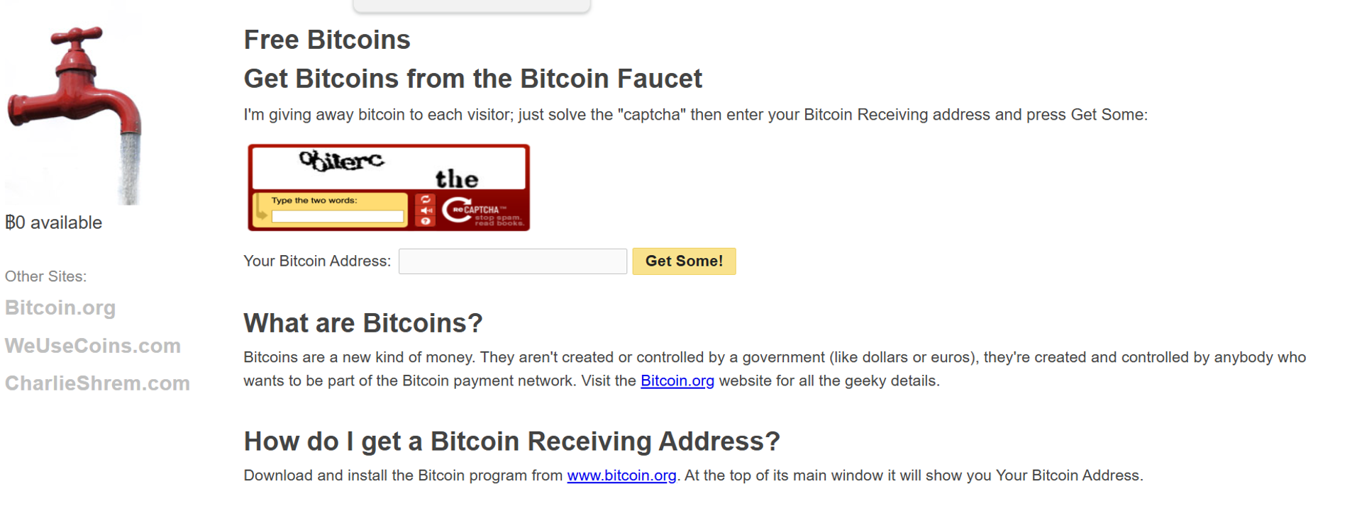 Screenshot of the 21million.com website, showcasing the Bitcoin Faucet concept.