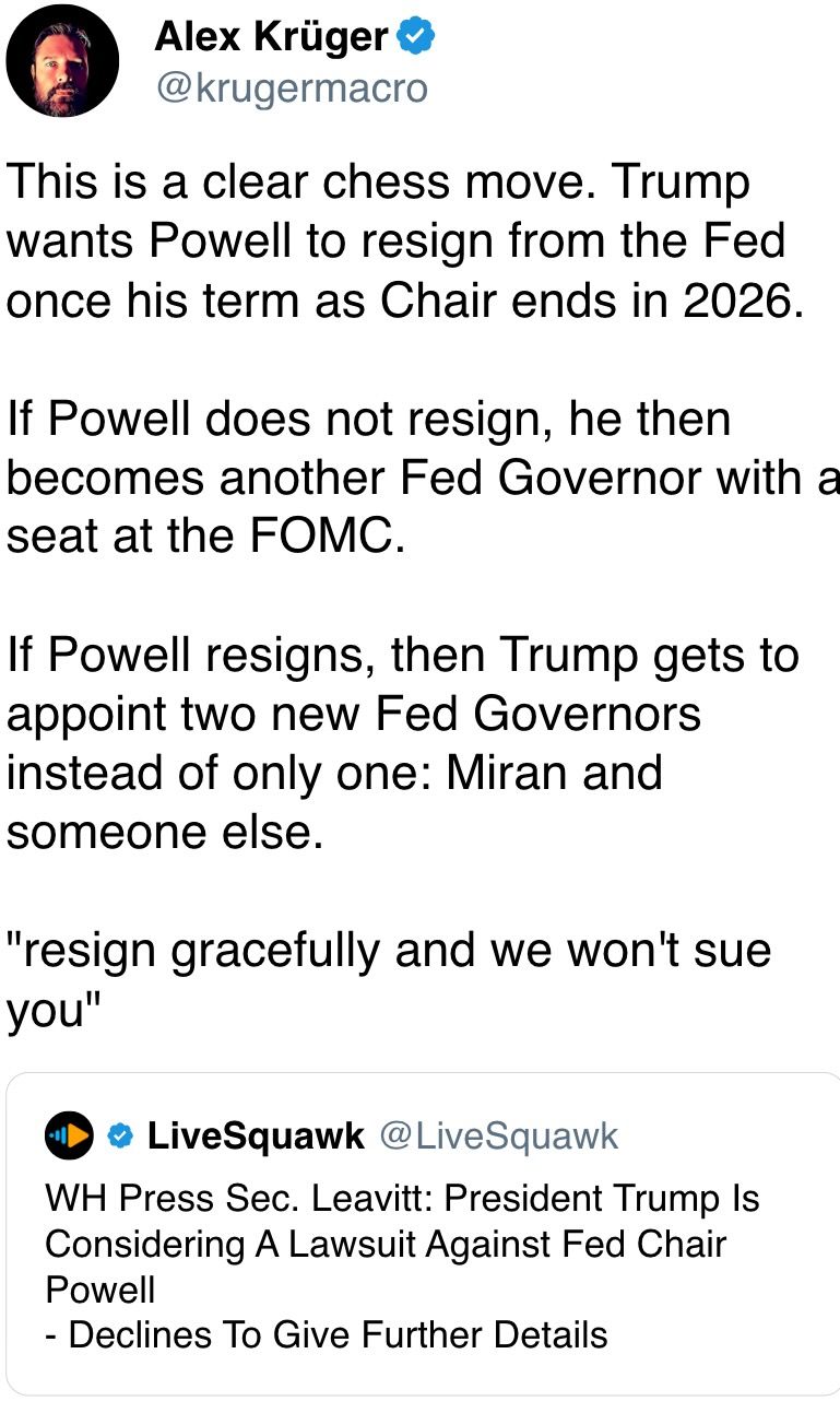 This is a clear chess move. Trump wants Powell to resign from the Fed once his term as Chair ends in 2026. 