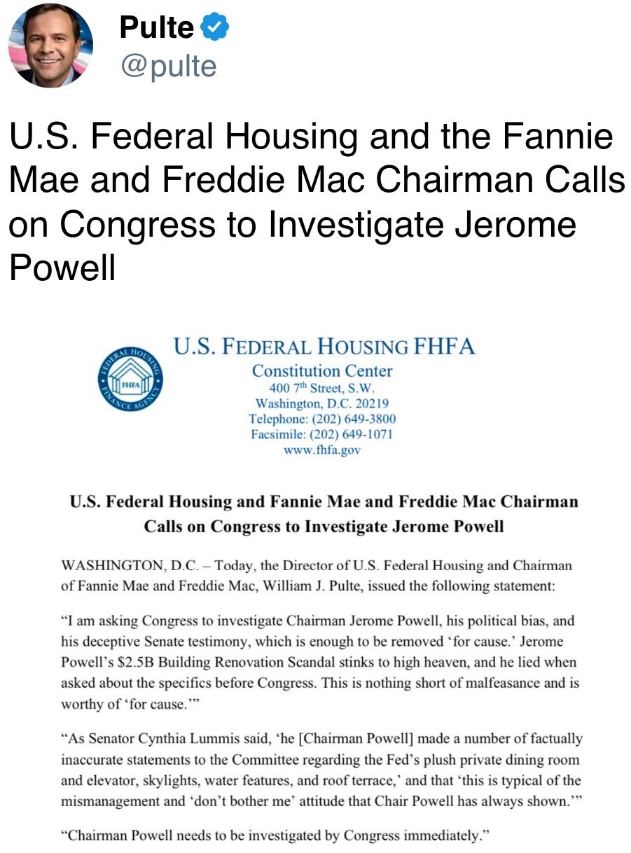 U.S. Federal Housing and the Fannie Mae and Freddie Mac Chairman Calls on Congress to Investigate Jerome Powell