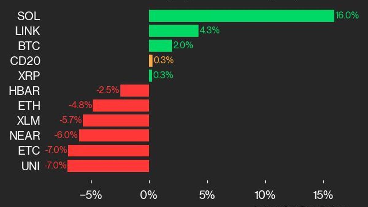 CoinDesk 20 Performance Update: SOL Surges 16% as Index Inches Higher From Friday