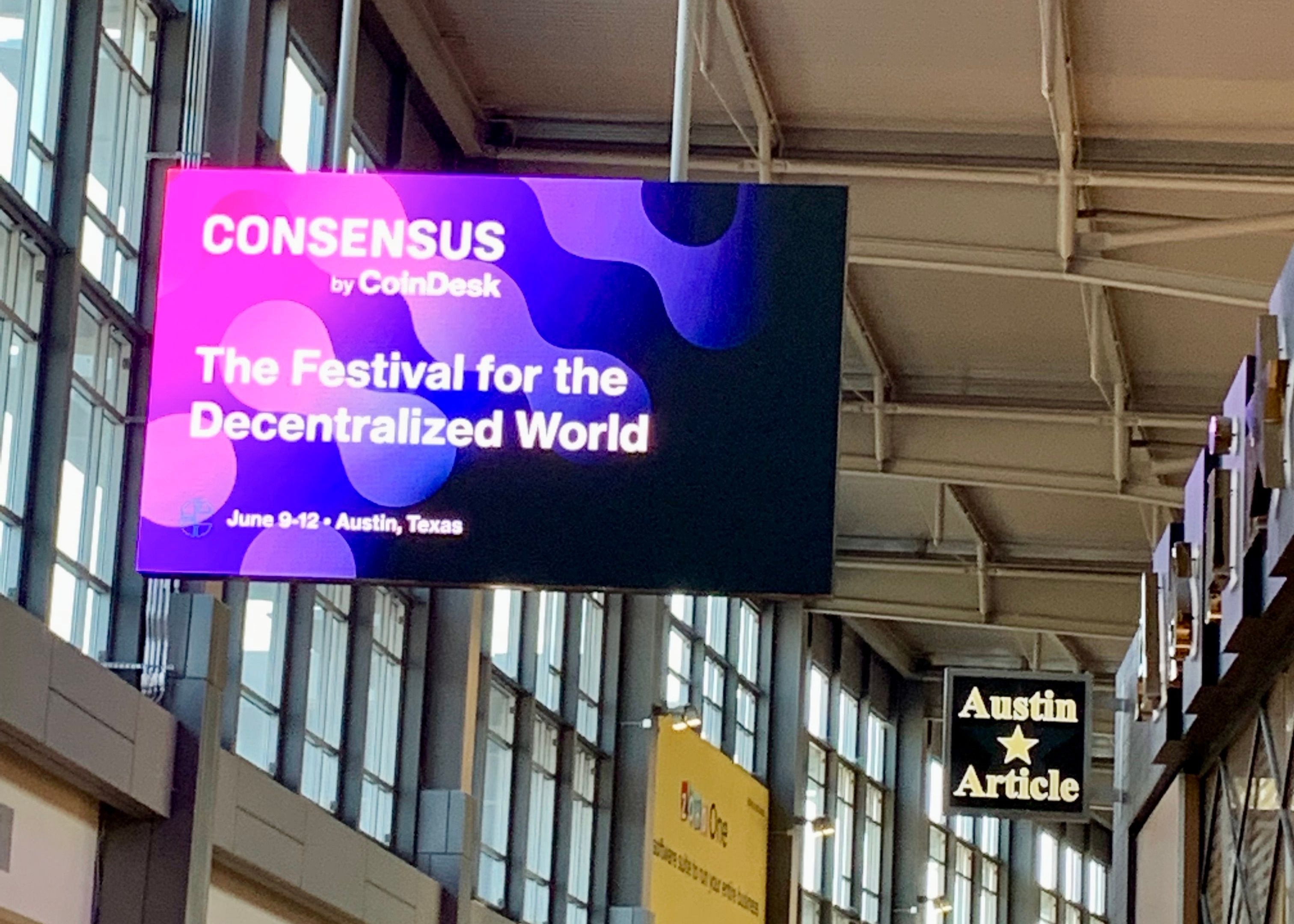 Consensus 2022 signage at Austin-Bergstrom International Airport on Sunday. (Joanne Po/CoinDesk)