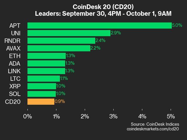 CoinDesk 20 Performance Update: APT Gains 5%, With Most Index Constituents Rising