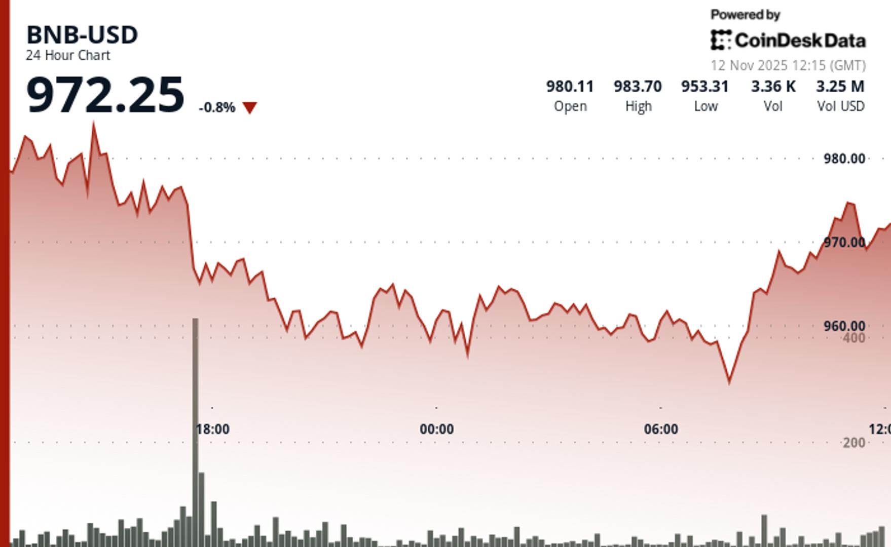 BNB Recovers Above $970 After Brief Drop as Market Volatility Pressures Token