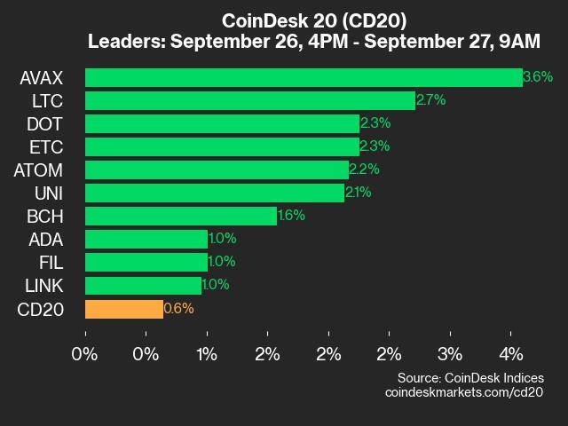 CoinDesk 20 Performance Update: AVAX Gains 3.6% as Index Rallies 