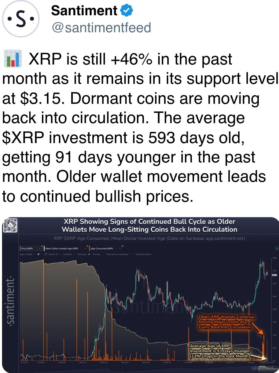  XRP is still +46% in the past month as it remains in its support level at $3.15.