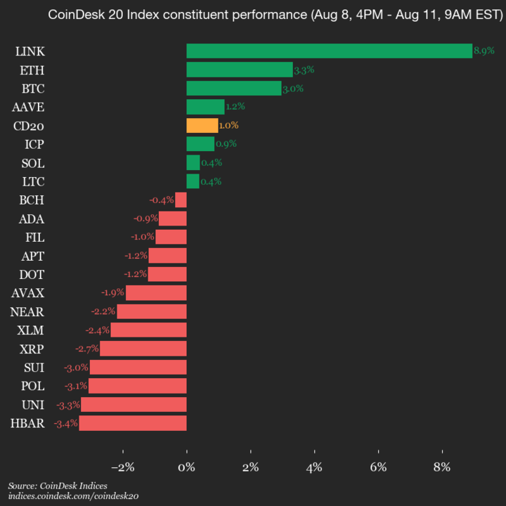 9am CoinDesk 20 Update for 2025-08-11: leaders