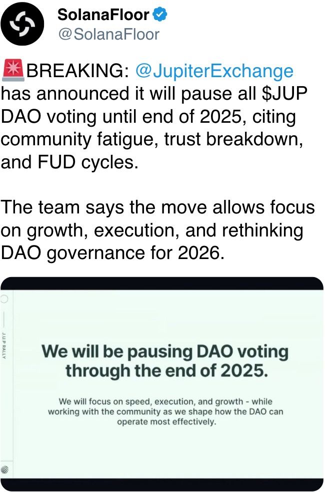 @JupiterExchange has announced it will pause all $JUP DAO voting until end of 2025, @JupiterExchange has announced it will pause all $JUP DAO voting until end of 2025,