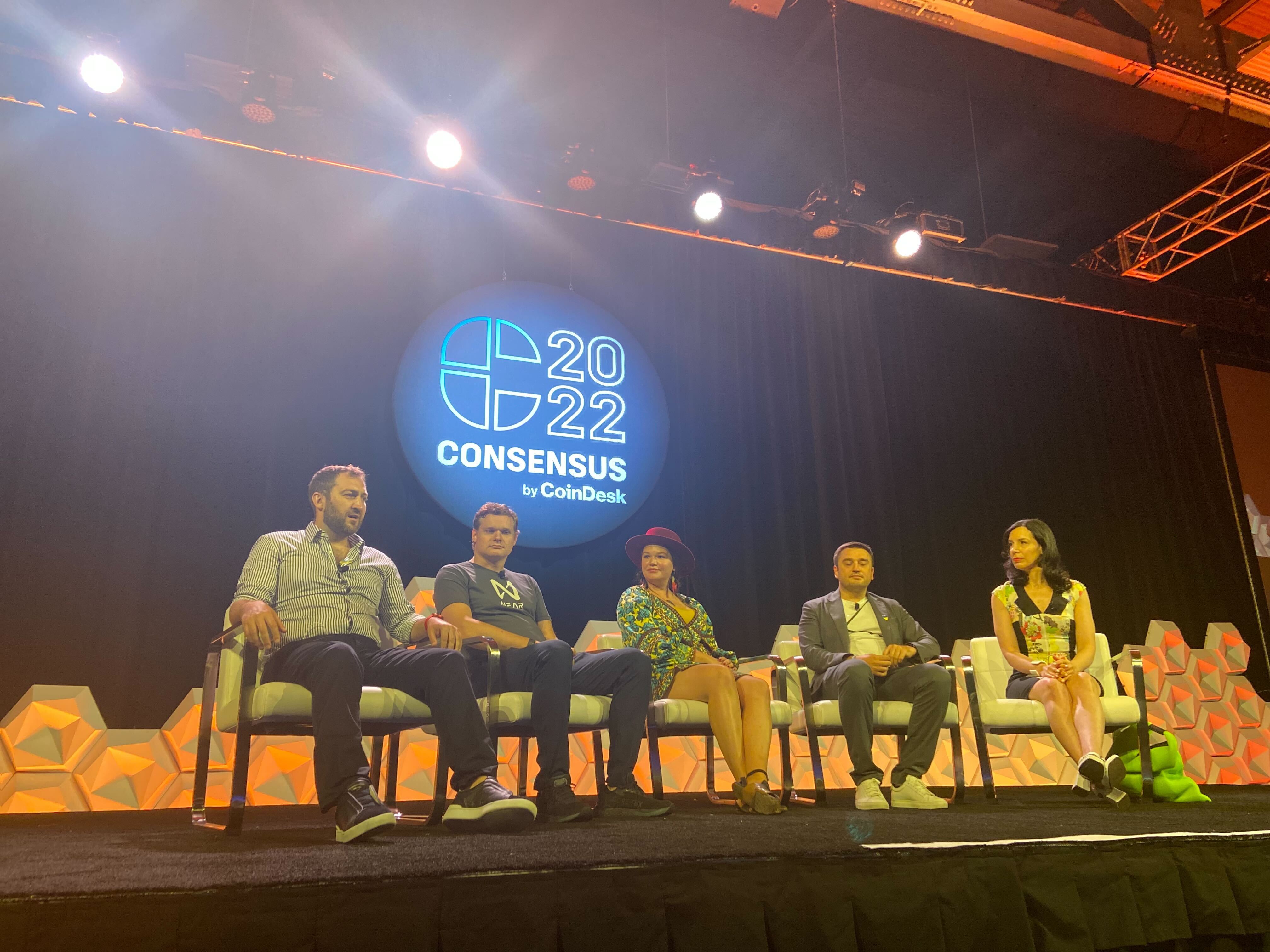 Blockchain Association of Ukraine President Mike Chobanian, NEAR Protocol co-founder Illia Polusukhin, crypto advisor to Ukraine Brittany Kaiser and Ukrainian Minister of Digital Transformation Alex Bornyakov at Consensus 2022 (Amitoj Singh/CoinDesk)